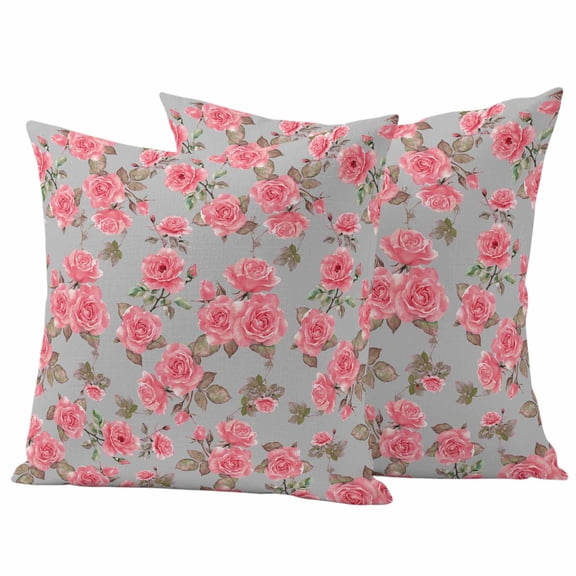Outdoor Waterproof Pillow Covers Summer Watercolor Pink Rose Leaf on Grey Decorative Throw Pillow Protectors,Pillowcase Cushion Cases for Patio Sofa Garden Couch,16x16in,Pack of 2