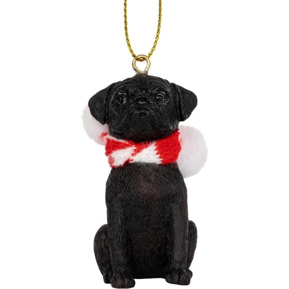 Black Pug Dog Christmas Tree Ornament with Fabric Candy Cane Scarf