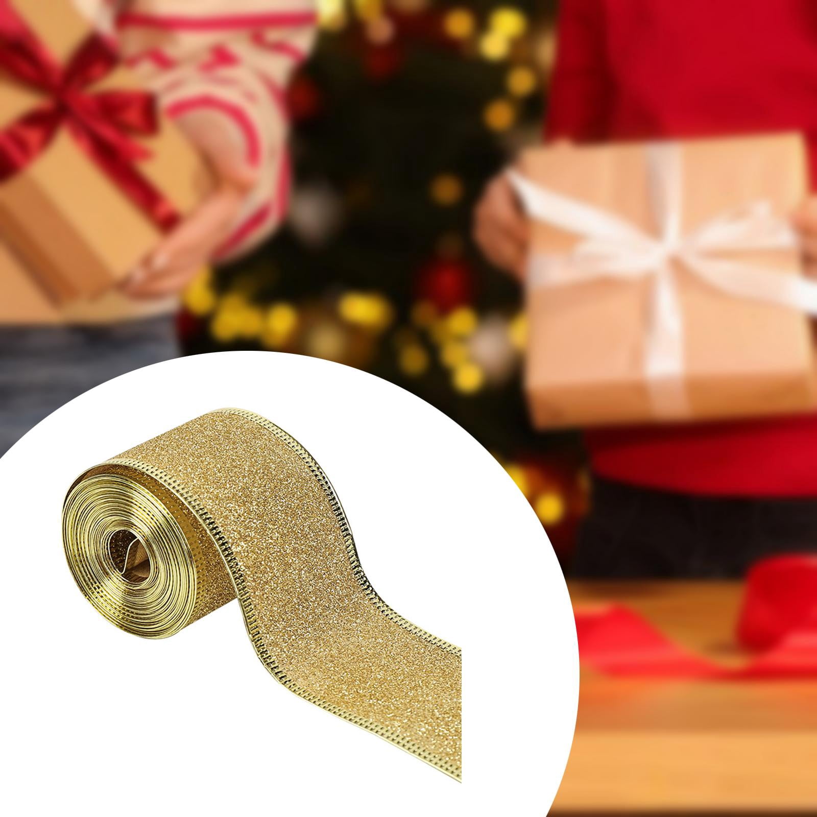 S SERENABLE 4x2inch x 90 Yards Christmas Wired Edge Ribbon Flexible for Christmas Projects Golden
