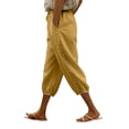 thumbnail image 2 of Women's Cotton Linen Capri Pants with Lace Trim Casual Drawstring Elastic Waist Pants Summer Lightweight Cropped Trousers with Pockets Yellow 2XL, 2 of 3