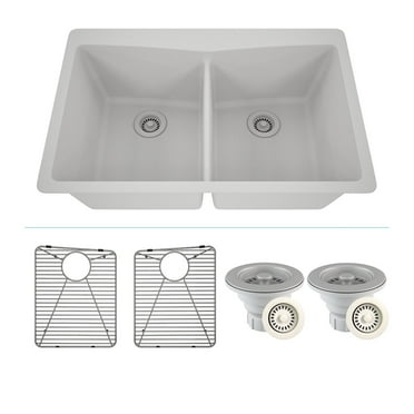 33" x 22" Quartz Kitchen Sink, Double Bowl Sink, Drop-in Sink, Undermount Sink, Granite Kitchen Sink, Galaxy White Kitchen Sink, with Grids, Basket Strainer and Flange Lexicon Platinum LP-800TM-W