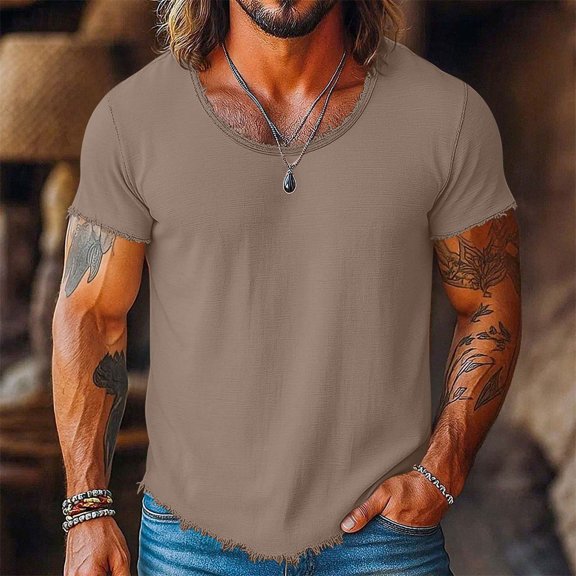 Men's Muscle T-Shirts Short Sleeve Wide Scoop Neck Hem Distressed Tees Slim Fit Gym Workout Athletic Tops Casual Summer Streetwear Basic Shirts