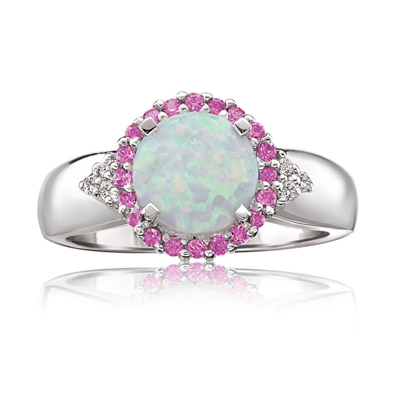 1.3 cttw 8MM White Opal Pink Sapphire Diamond Sterling Silver Ring Size 7 by Metro Jewelry
