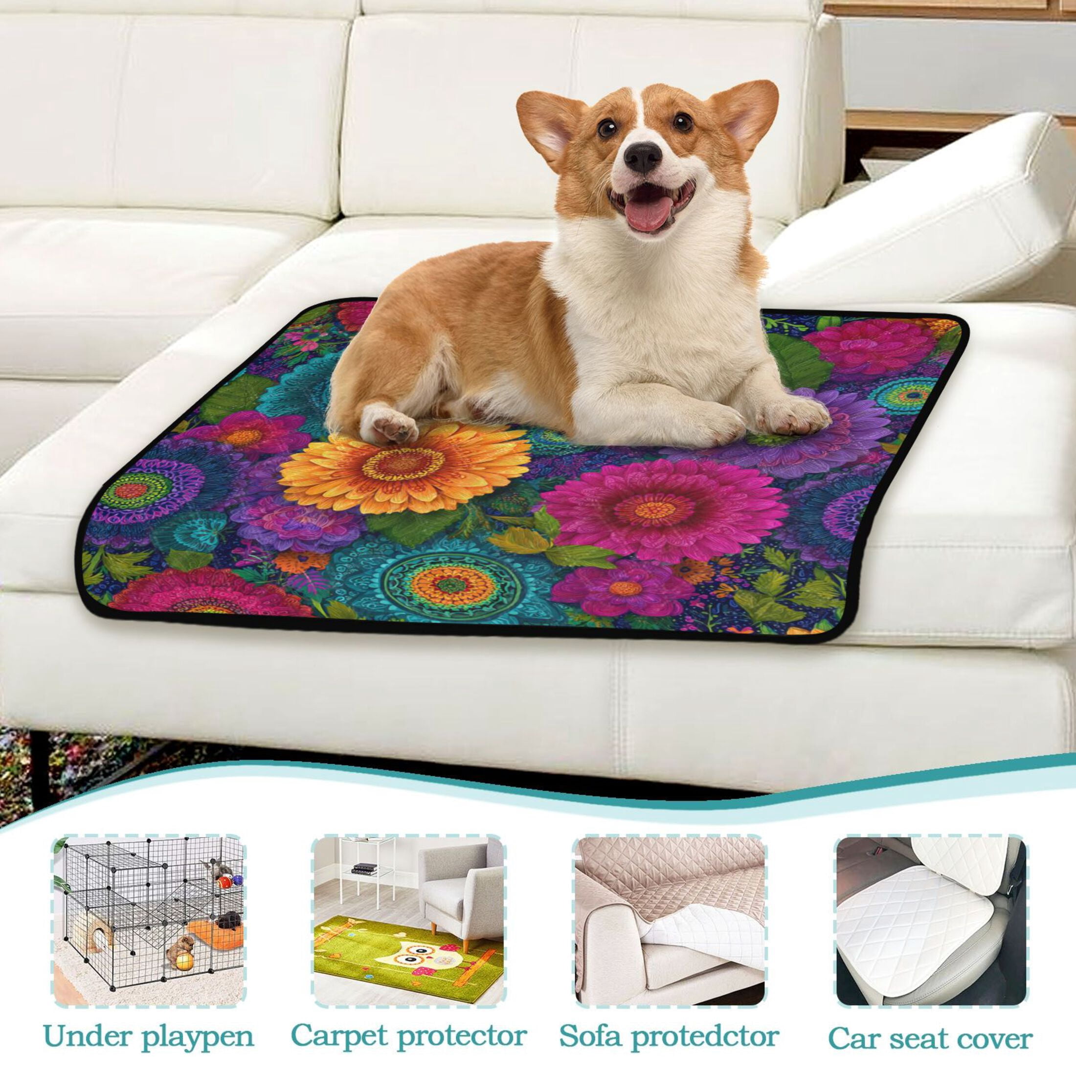 Washable Pet Pee Pads with Super Absorbent Reusable Training Pads for Dogs & Cats Colorful Blooming Flowers