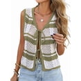 thumbnail image 3 of Women'S Sleeveless Striped Sweater Vest V Neck Tie Front Crochet Knit Tank Tops Green S, 3 of 7