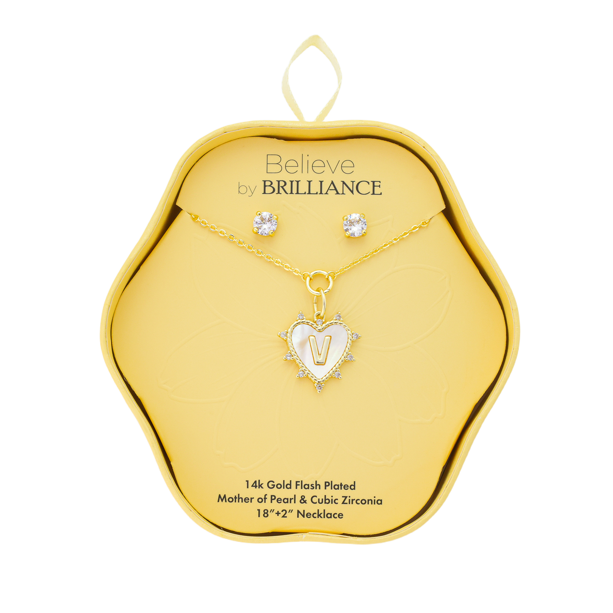 Believe by Brilliance Women's 14Kt Gold Flash Plated Mother of Pearl and Cubic Zirconia Heart "V" Necklace and Earring Set