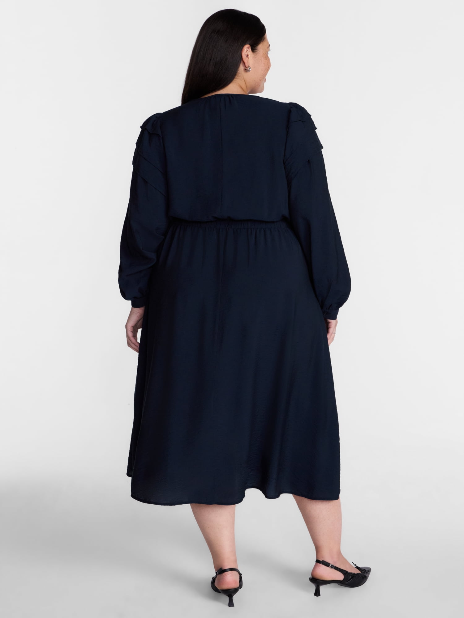 Terra & Sky Women’s Plus, Ruffle Puff Sleeve Midi Dress, Sizes 0X-5X