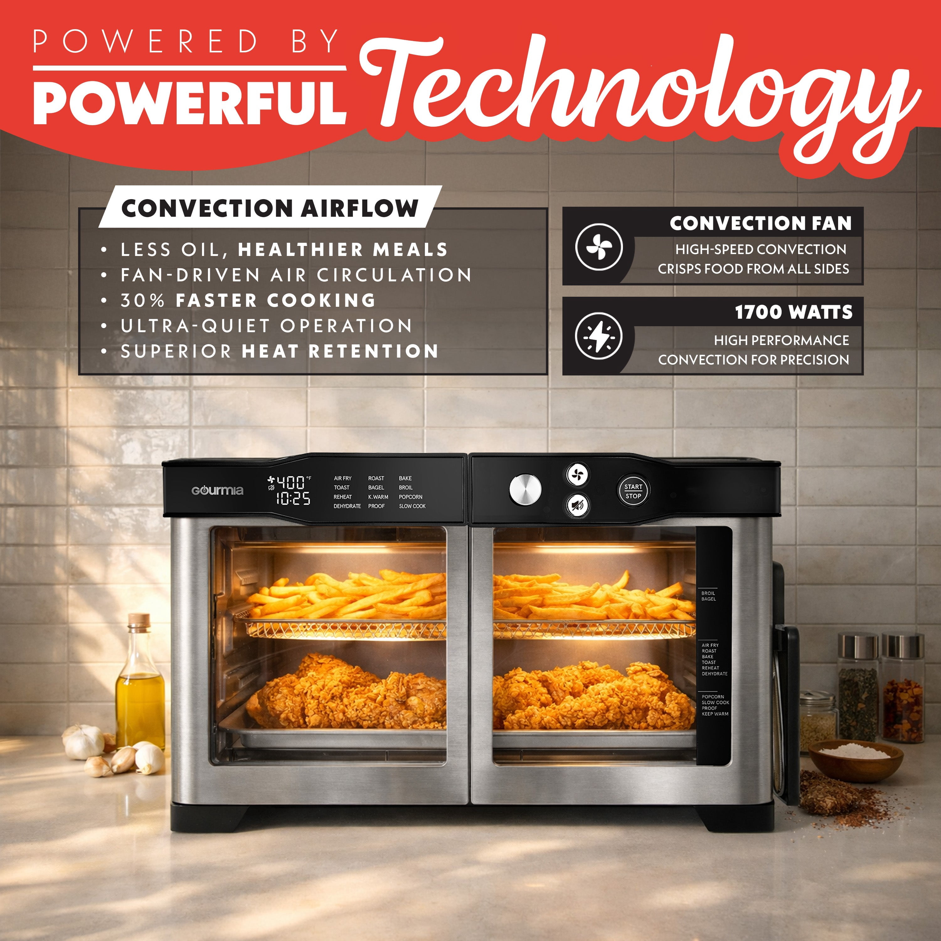 Gourmia Toaster Oven - 6-Slice French Door Digital Air Fryer with Temperature Probe, Stainless Steel