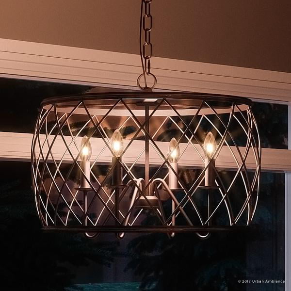 Luxury Art Deco Linear Chandelier Large Size: 21H x 37W Copper Revival Finish and Oyster Mica Inner Shade with Moroccan Style Elements UQL2432 by Urban Ambiance Mosaic Tile Outer Shade 