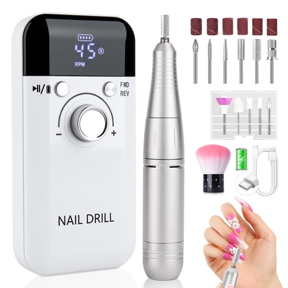 Drill para Uñas Profesional 45000 Rpm, Pulidor de Uñas Eléctrica, Lima de Uñas Electrica, Con 6 Brocas para Metal, 6 Cabezales de Pulido, 5 Brocas Y 1 Cepil