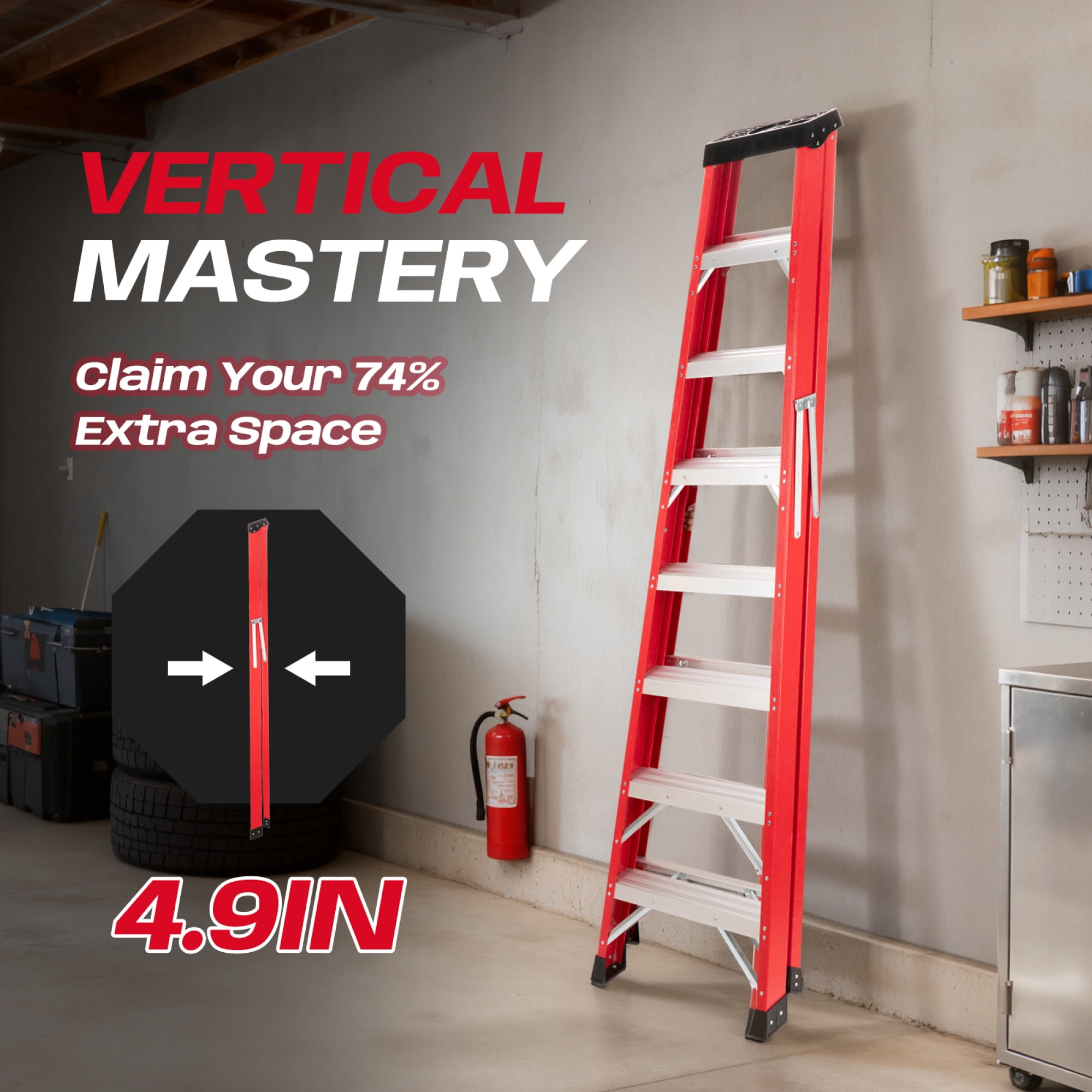 Leumius 7 Steps Fiberglass Ladder with a Load Capacity of 330 Pounds, Equipped with a Tool Tray for Electrical Engineering Ladder Structure Insulation Ladder Red
