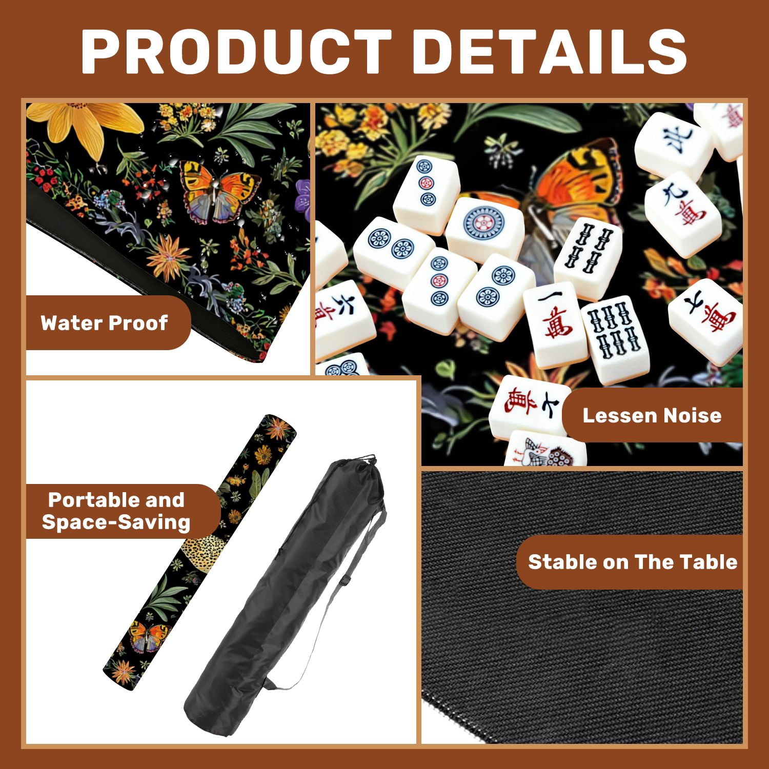 Mahjong Mat 31.5" x 31.5" Floral Wildlife Cheetah Birds Butterfly Vibrant Flowers Black Non-Slip Noise Reduction American Mahjong Tiles Table Cover for Dominoes Poker Card Board Games Gift