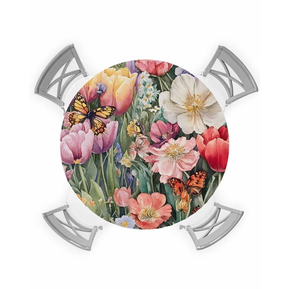nqOlkjepod Spring Flowers Round Tablecloth, Fitted Table Cover with Elastic for 36"-44" Round Tables, Green Leaves Butterfly Country Pastoral Table Cloth Outdoor Dinning Party Waterproof Tablecloths