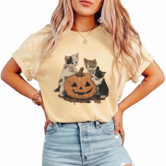 Vintage Halloween Pumpkin Print T-shirts Cute Cat Lovers Graphic Tees Short Sleeve Casual Tops for Daily Outfits Cotton Shirts