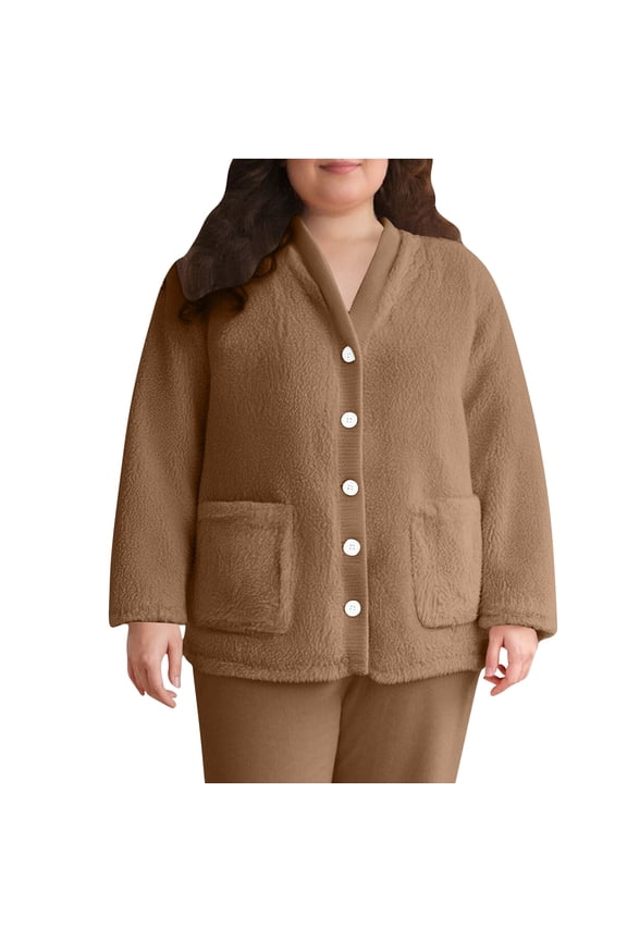 Women's Fuzzy Button Front Bed Jacket Long Sleeve V Neck Soft Fleece Lounge Jacket with Pockets Sleepwear,M,Brown