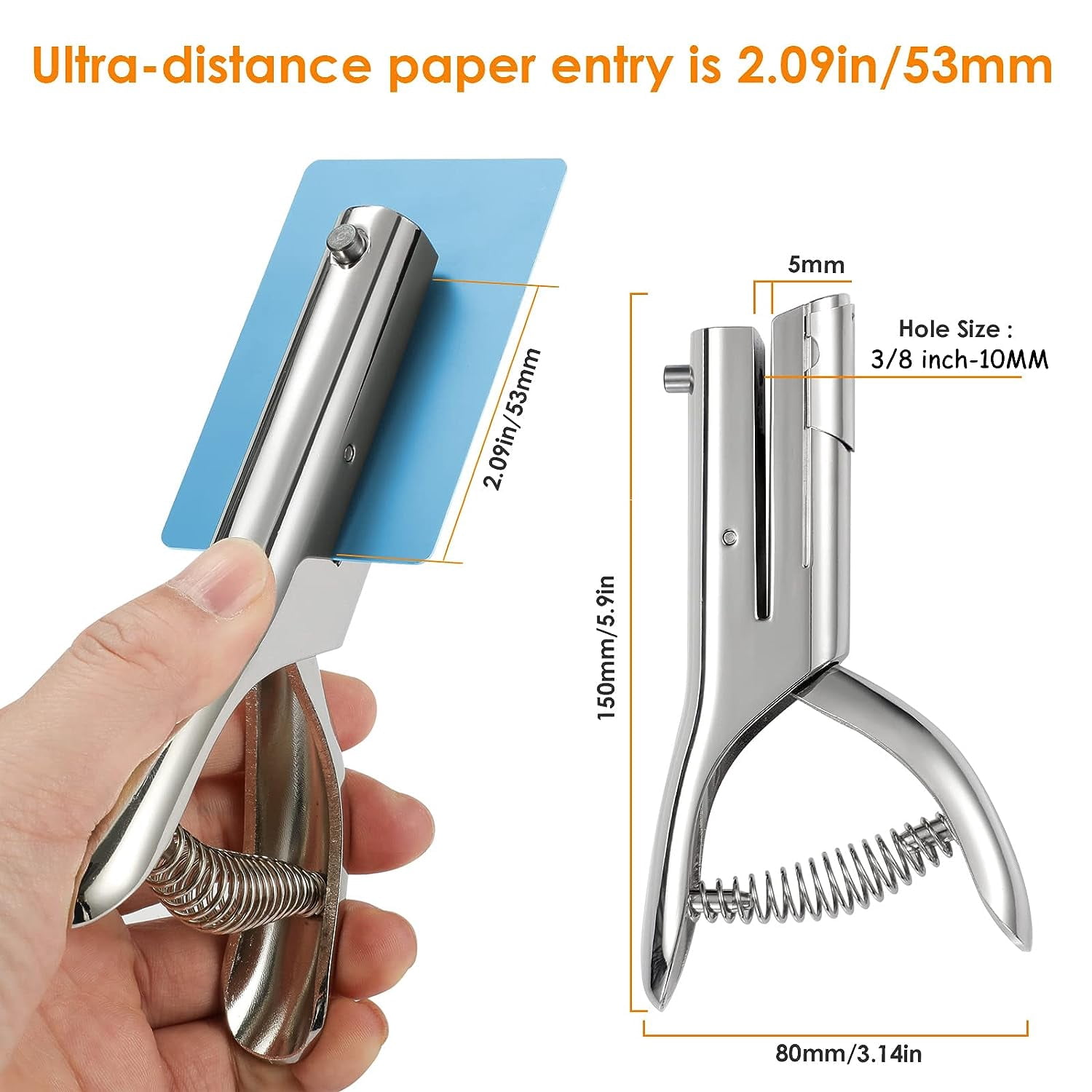 Hole Punch 2" Reach 3/8 inch Single Punch,Heavy Duty Puncher Single,Paper Portable Held Long for Paper Cards Plastic Cardboard (Silver) (3/8"-10mm Hole)