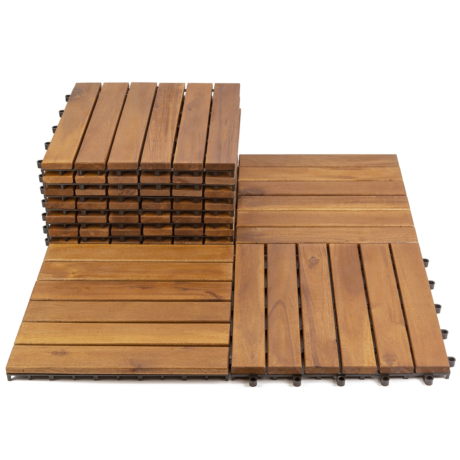 12" x 12" 6-Slat Acacia Wood Interlocking Deck Tiles, Weatherproof Floor Tiles for Patio, Balcony, Poolside, Bathroom & Indoor/Outdoor Use