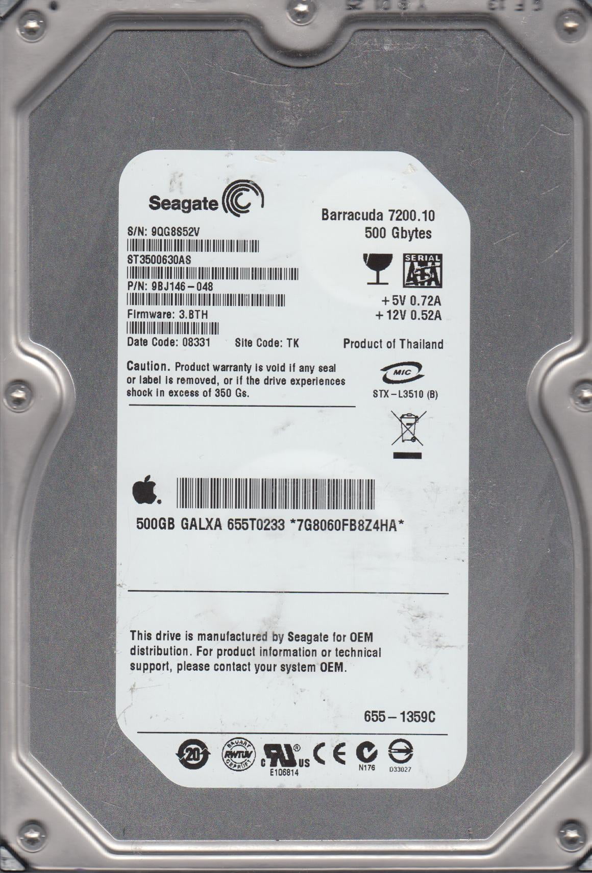 ST3500630AS, 9QG, TK, PN 9BJ146-043, FW 3.BTH, Seagate 320GB SATA