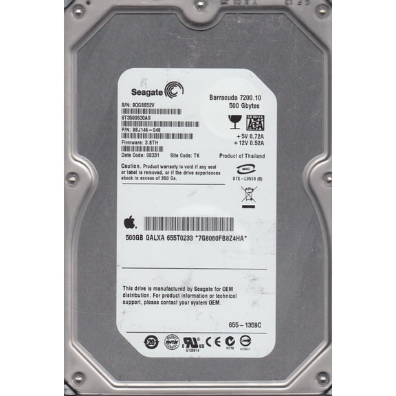 ST3500630AS, 9QG, TK, PN 9BJ146-048, FW 3.BTH, Seagate 500GB SATA 3.5 Hard Drive
