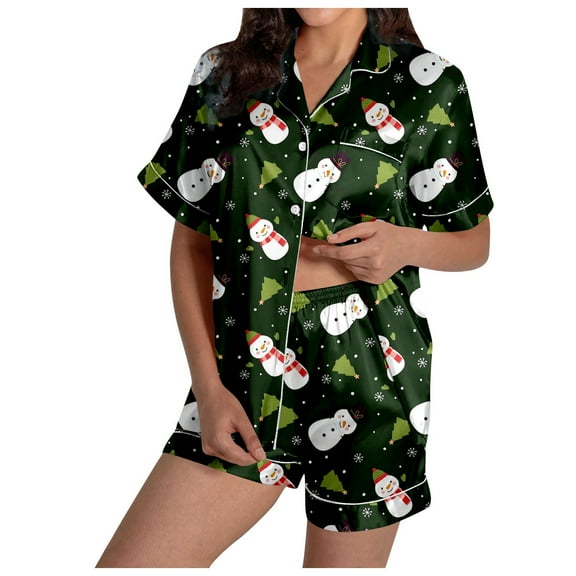 Women's Festive Snowman Print Short Sleeve Pajama Set Soft Sleepwear Nightwear Outfit