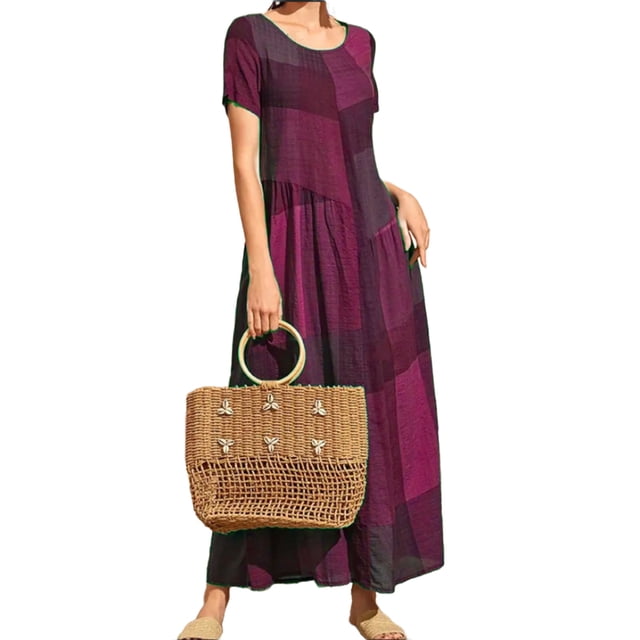 Vestido Maxi de Manga Corta para las Mujeres Cuello Redondo Color Bloque Suelto Vestido Casual, Maxi en Capas Sólidas para la Playa Y la Primavera