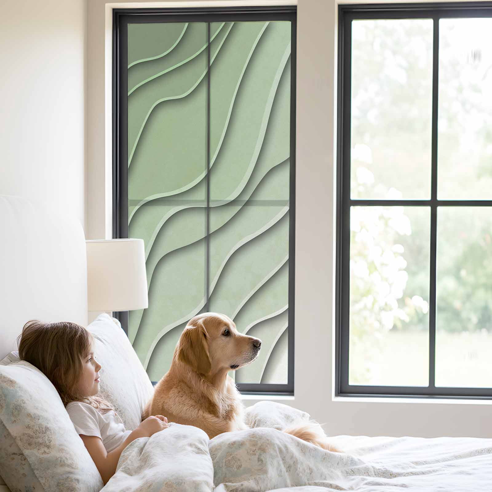 Sage Green Ombre Window Privacy Film, Modern Geometric Abstract Art Aesthetics Static Cling UV Sun Blocking Tint Film Heat Control Windows Films for Bedroom Bathroom, Window Stickers 23.6"x59"