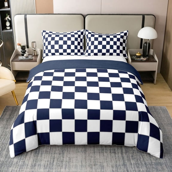 Erosebridal Navy Checkered Bedding Set White Dark Blue Buffalo Plaid Grid Comforter Cover Twin,Checkerboard Duvet Cover Teen Mengeometrical Gingham Quilt Cover(No Comforter)