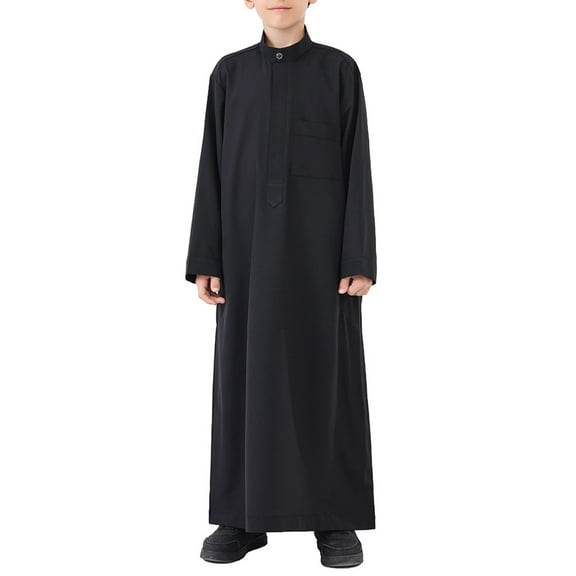 EnJoCho Boys Musli𝗆 Kaftan Long Sleeve Solid Color Thobe Eid Outfits Stand Collar Prayer Clothes Dishdasha Pocket Islami𝖼 Traditional