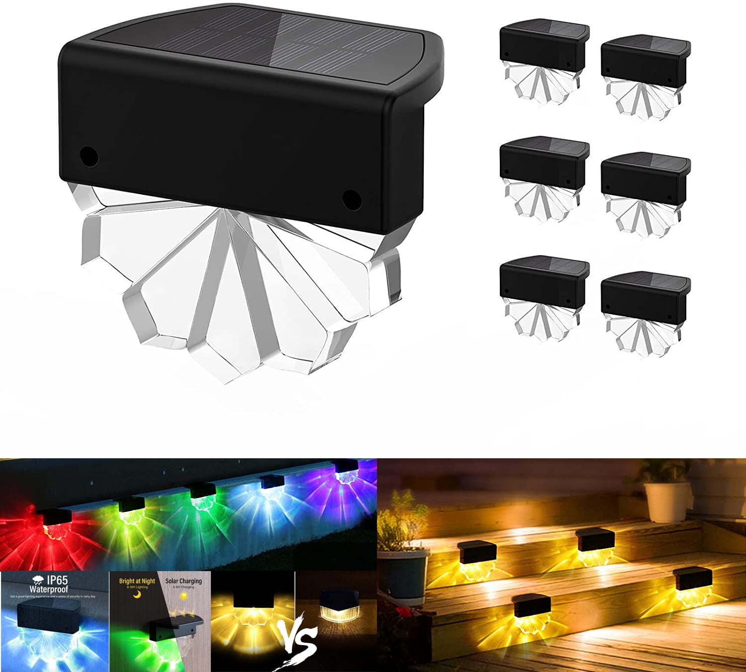 Yamyone 6 Pack Solar Deck Lights,Solar RGB Step Lights Outdoor Waterproof LED Solar Fence Lights for Patio, Stairs,Yard, Garden Pathway, Step and Fences, 10 Lumens, Warm White & RGB Lighting Modes