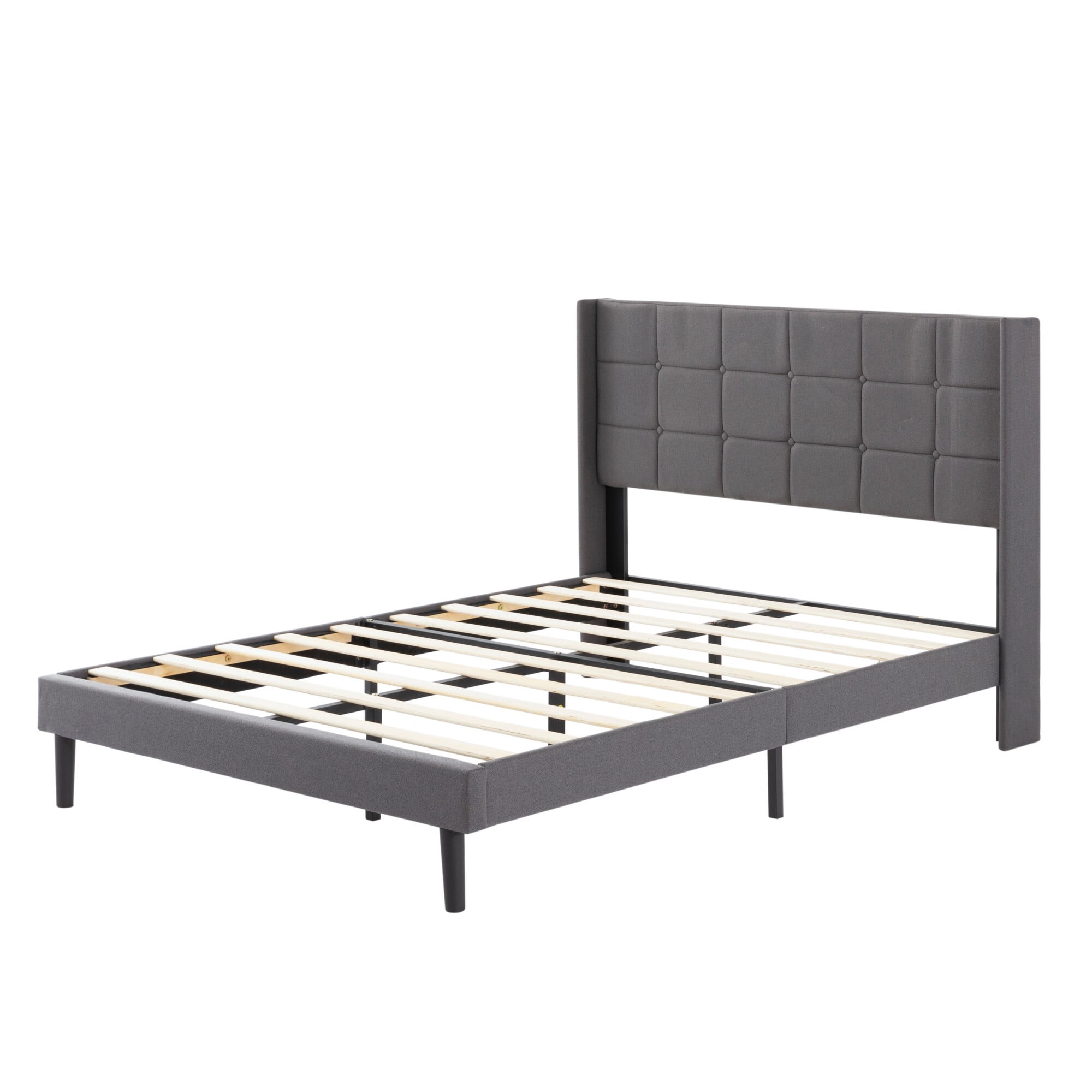 AENKYO Full Size Upholstered Bed Frame with Tufted Headboard & Slat Support, No Box Spring Needed, Dark Gray