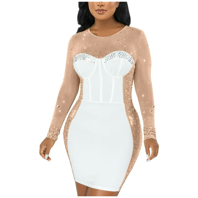 Birdeem Robe Moulante Transparente à Manches Longues pour Femmes à Col Rond avec Diamants