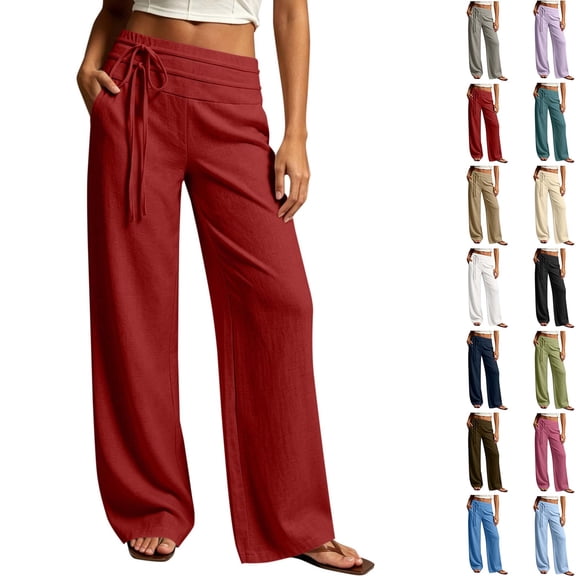 DYTTDG Women's Drawstring Wide Leg Pants | Elastic Waist Linen Blend Casual Summer Trousers with Pockets, Loose Fit Palazzo Pants