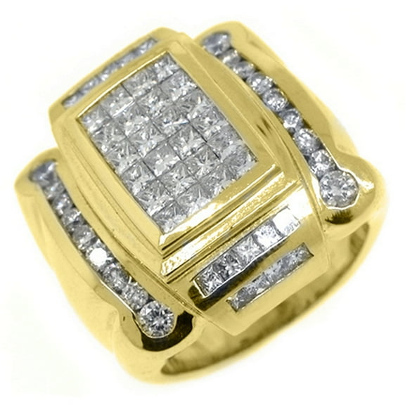 18k Yellow Gold Mens Invisible Princess Cut Diamond Ring 3.41 Carats