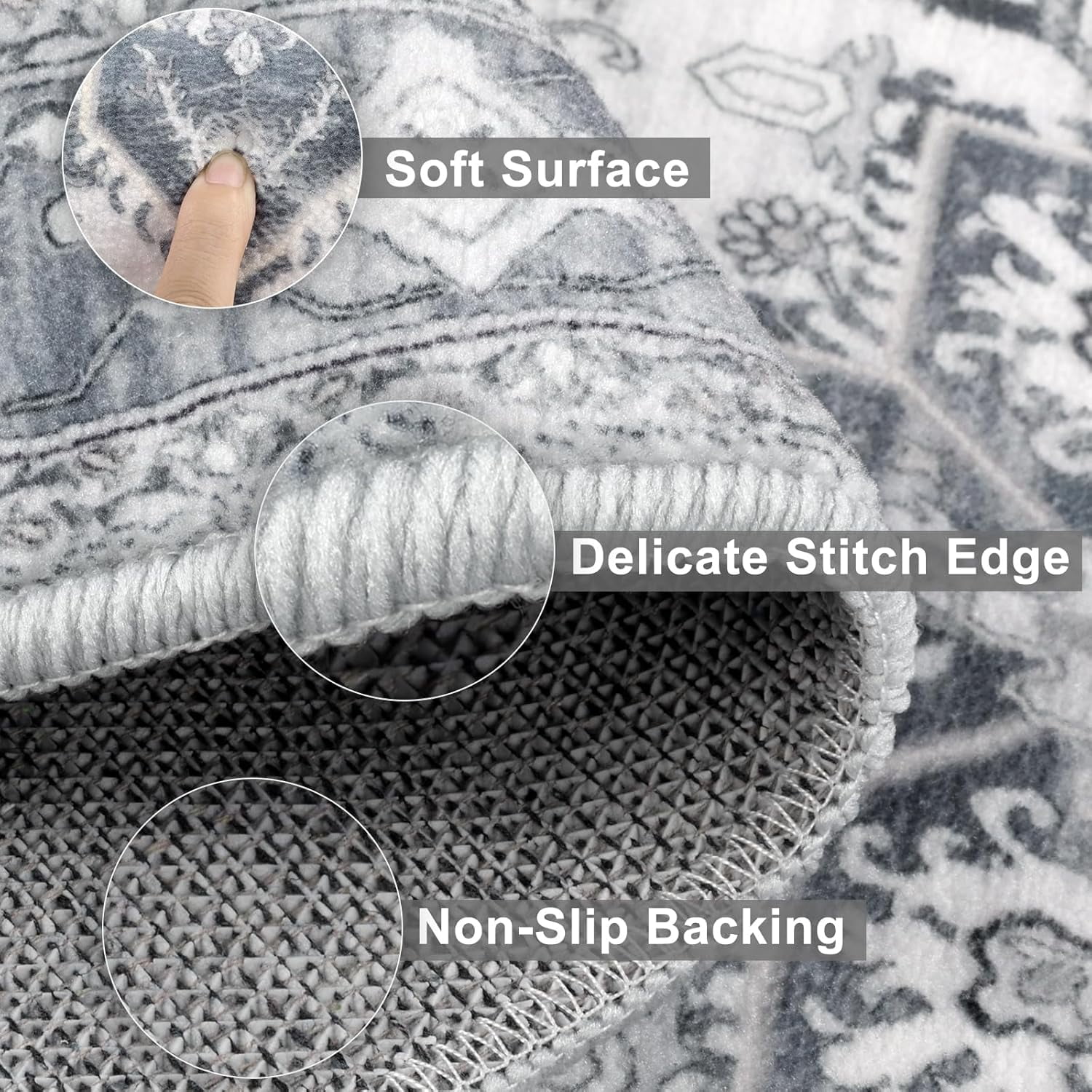 Boho Washable Kitchen Rugs Sets of 3, Non Slip Kitchen Mats for Floor with Rubber Backing, Waterproof & Stain Resistant Thick Carpet Runner Throw Rugs for Kitchen, Laundry Room, Hallway, Grey