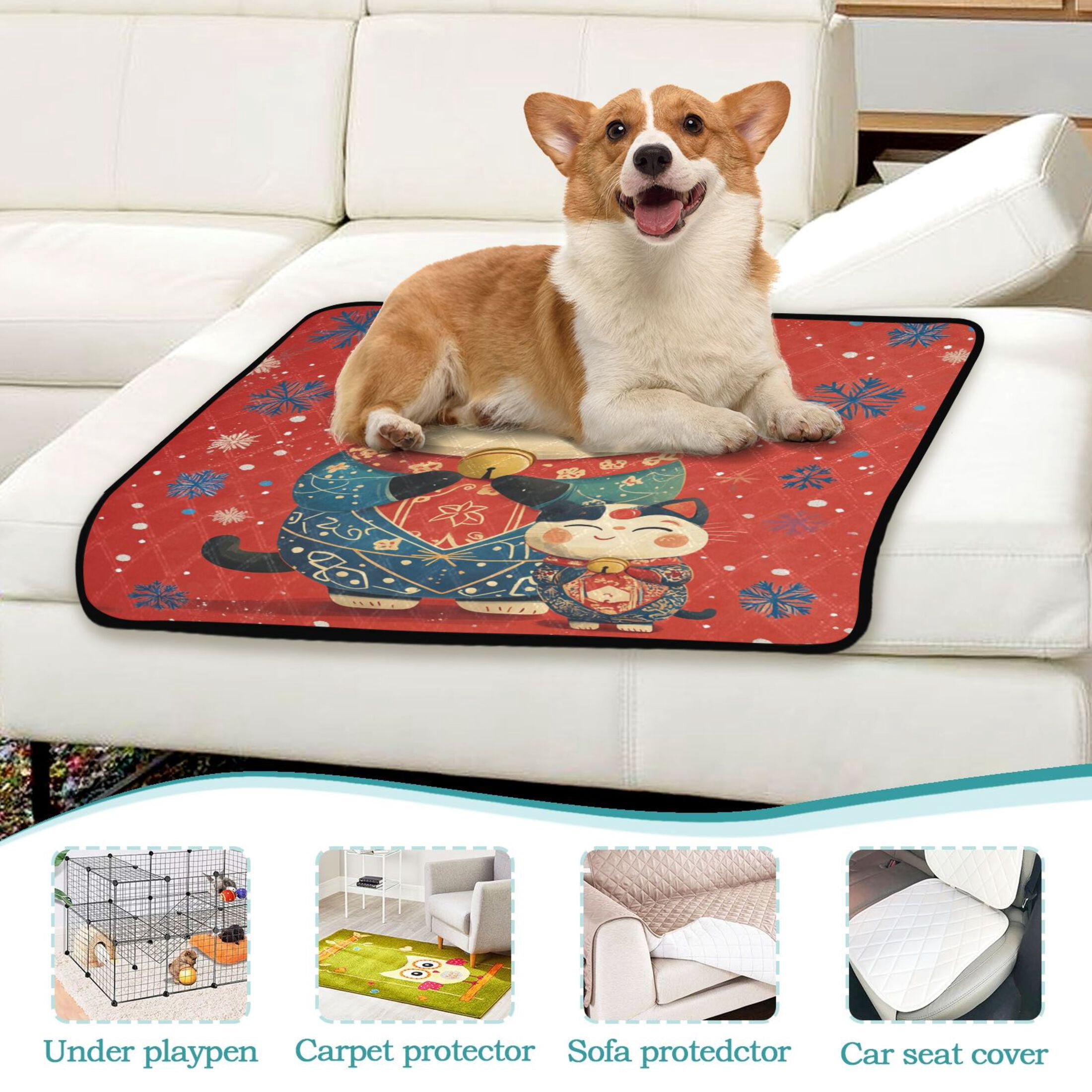 Qxltty Illustration Of Fortune Cats with Blue Snowflakes Cat litter Pads Pet Set of 3 Diaper Mats Center Anti-leakage Layer Absorbent Soft and Comfortable