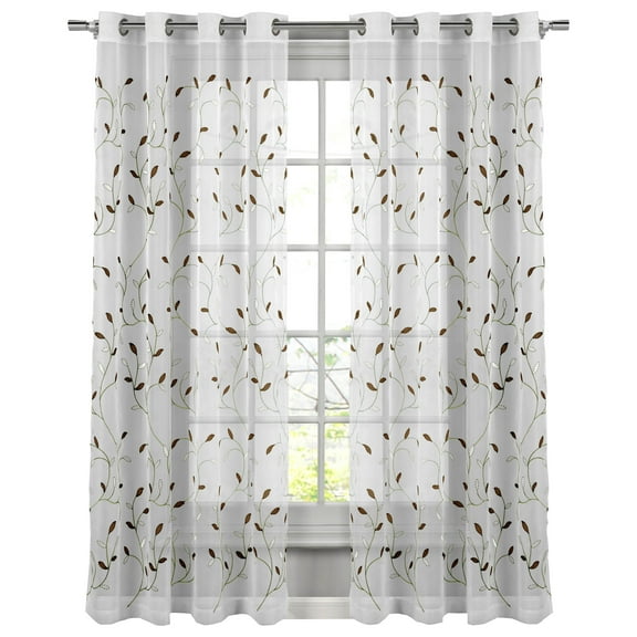 Grommet Curtain Panel, Embroidered Sheer Extra-Wide, Brown 54" x 96"