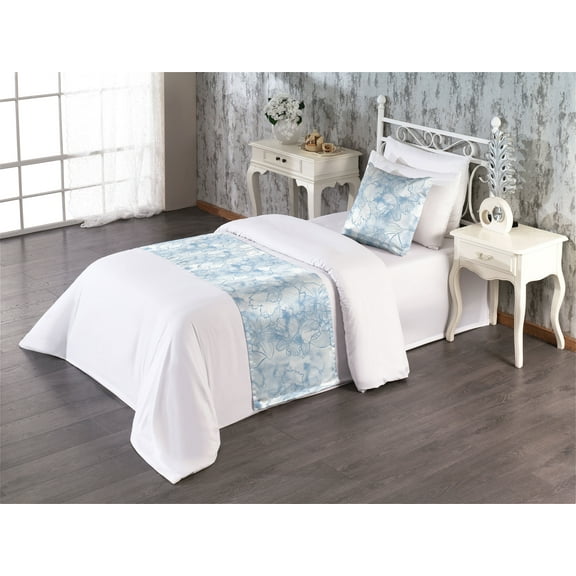 Orchids Bed Runner Set, Line Style Drawn Water Flower Pattern on Abstract Boho Hues Background Art, Decorative Bedding Scarf & a Pillow Sham for Hotels Homes, Twin, Off White Ceil Blue, by Ambesonne