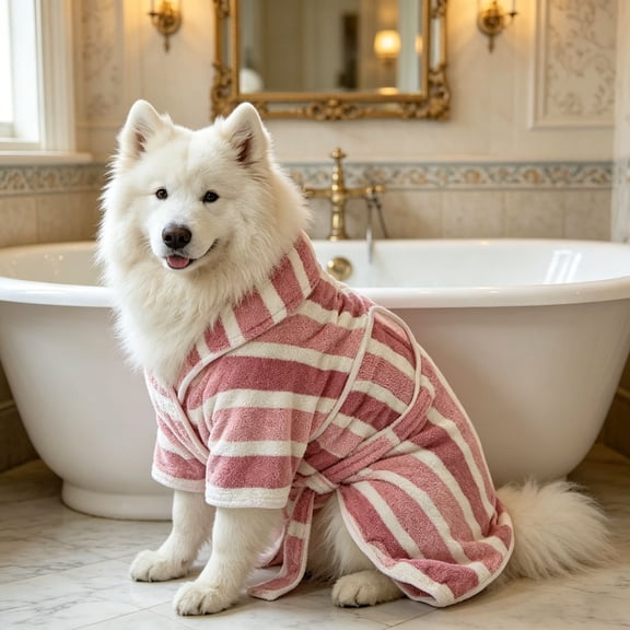 Striped Pet Quick Dry Bathrobe Super Absorbent Plush Dog Drying Robe with Adjustable Belly Band Soft Cozy Pet Towel Robe for After Bath Swimming Pink - S