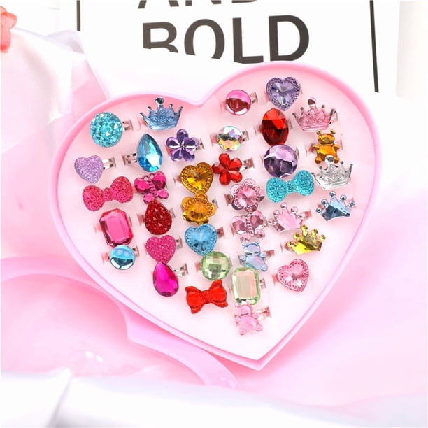 Juego de 36 anillos ajustables para niñas, anillos de joyería de cristal para niñas con caja en forma de corazón, anillos de disfraces para niños, suministros para fiestas de cumpleaños.