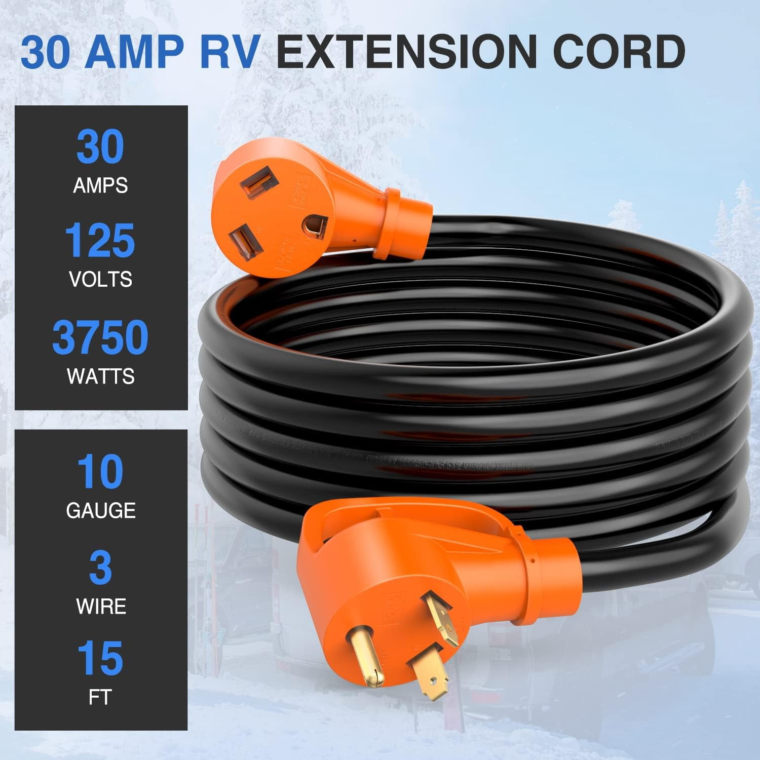 30 Amp 15FT RV Extension Cord 125V Heavy Duty 10 Gauge Pure Copper STW Wire 3 Prong TT-30P TT-30R 30F/30M Weatherproof Suit for Camper Caravan Trailer