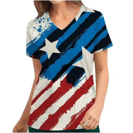 

4th of July Shirts for Women Summer Vintage American Flag Print Short Sleeve V Neck Scrubs Tops Nurse Working Uniforms with Pockets