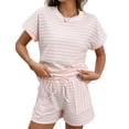 thumbnail image 3 of 2 Piece Sets for Women Summer Outfits Cute Stripe Knit T Shirts Shorts Matching Lounge Set Pink XL, 3 of 10