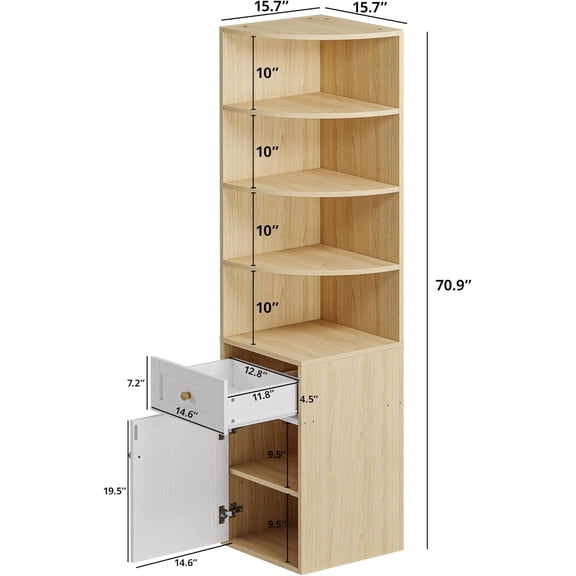 Corner Bookshelf 71" H with Drawers and Cabinet, 4-Tier Oak White Storage Unit for Living Room Office