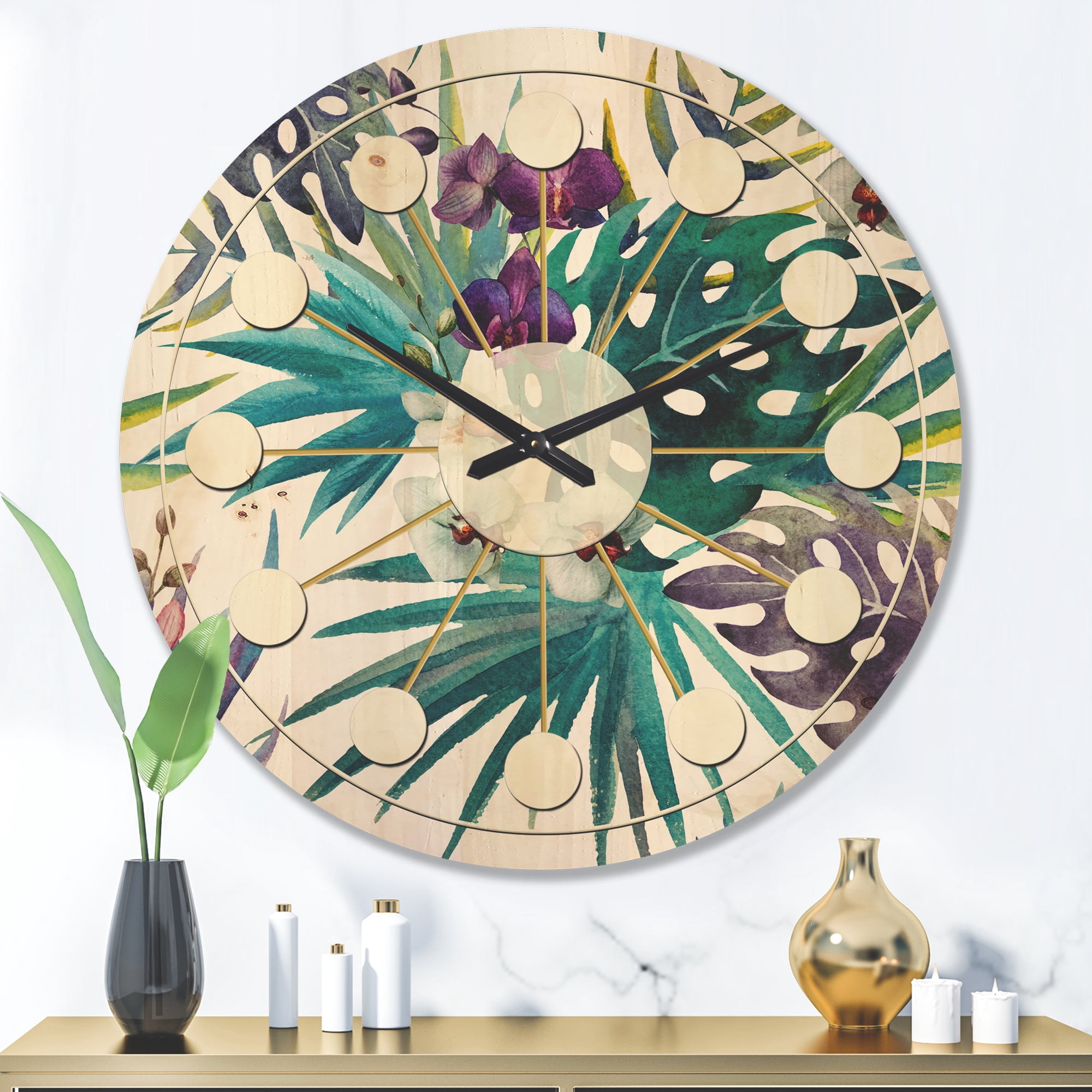 Designart 'Floral Botanical Design Retro II' Mid-Century Modern Wood Wall Clock