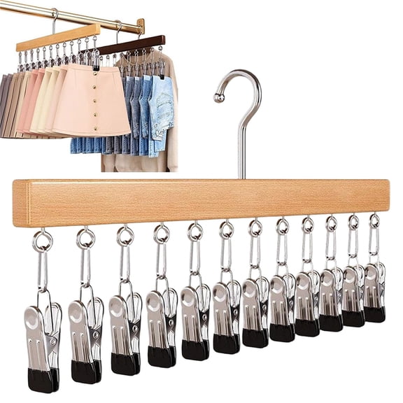 Wooden Pants Clips - Space Saving Hanging Closet Organizer for Jeans Skirts Socks - Multi Clip Trouser Hanger - 1 Pack Natural 12 Clip
