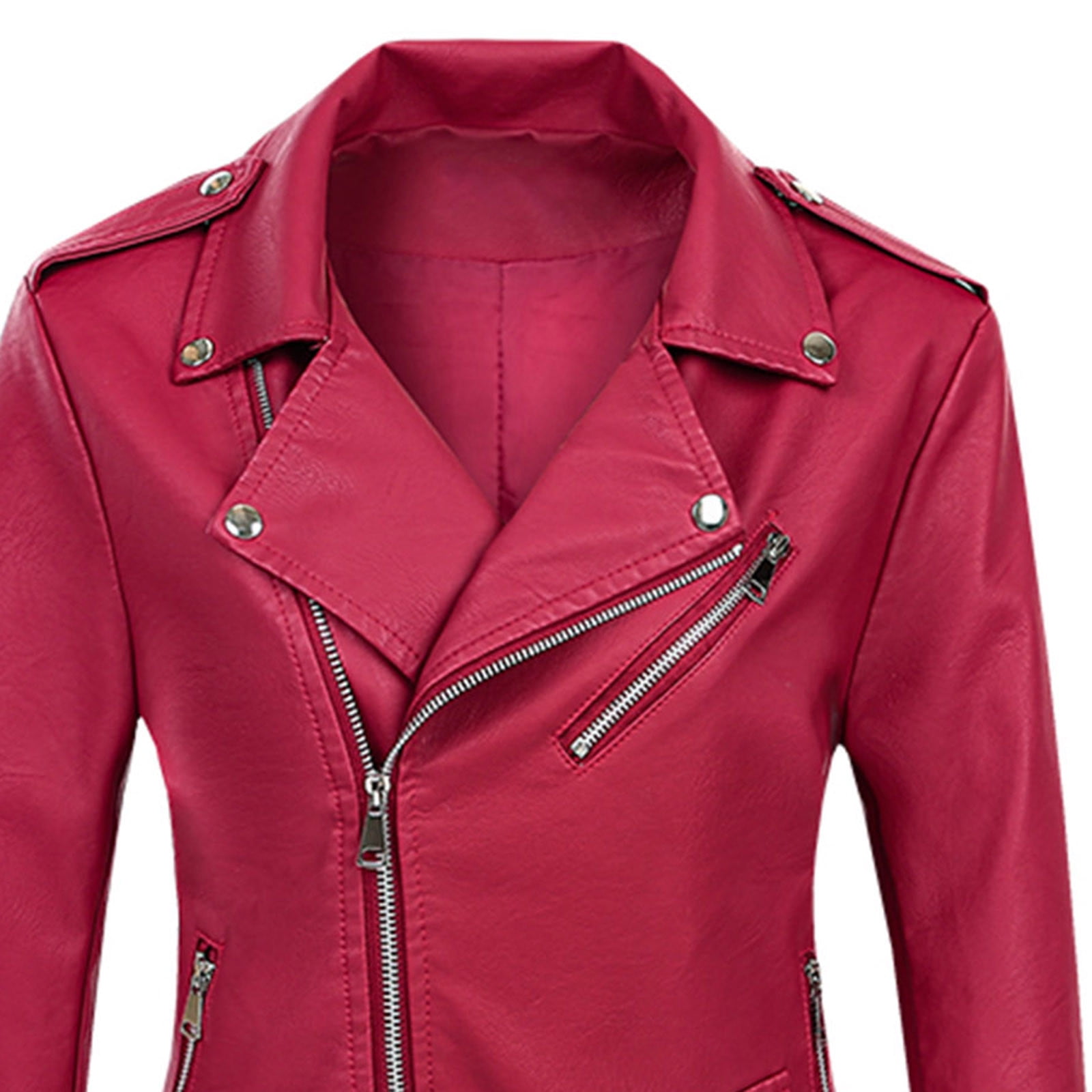 IROINNID Women's Short Faux Leather Jacket Notch Lapel Solid Color Long Sleeve Jacket Zipper Pocket Outerwear, Red