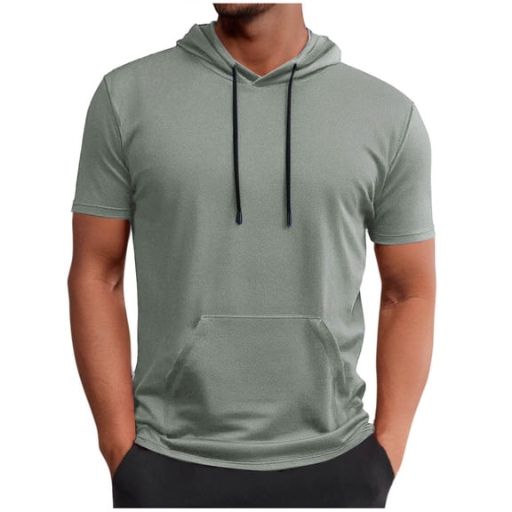 Ohufall Workout Hooded Shirts for Men Plus Size Summer Solid Breathable Athletic Running T-Shirt Fashionable Casual Pocket Short Sleeve Gym Sport Hoodies