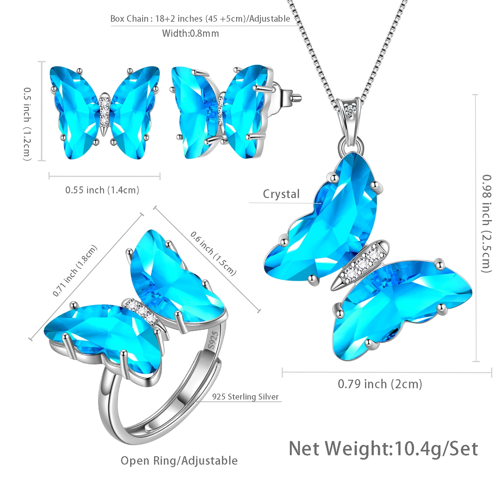 Blue Butterfly Jewelry Sets Earrings Necklace Ring, March Birthstone Jewelry Set Aquamarine Sterling Silver Women Birthday Mother's Day Gifts