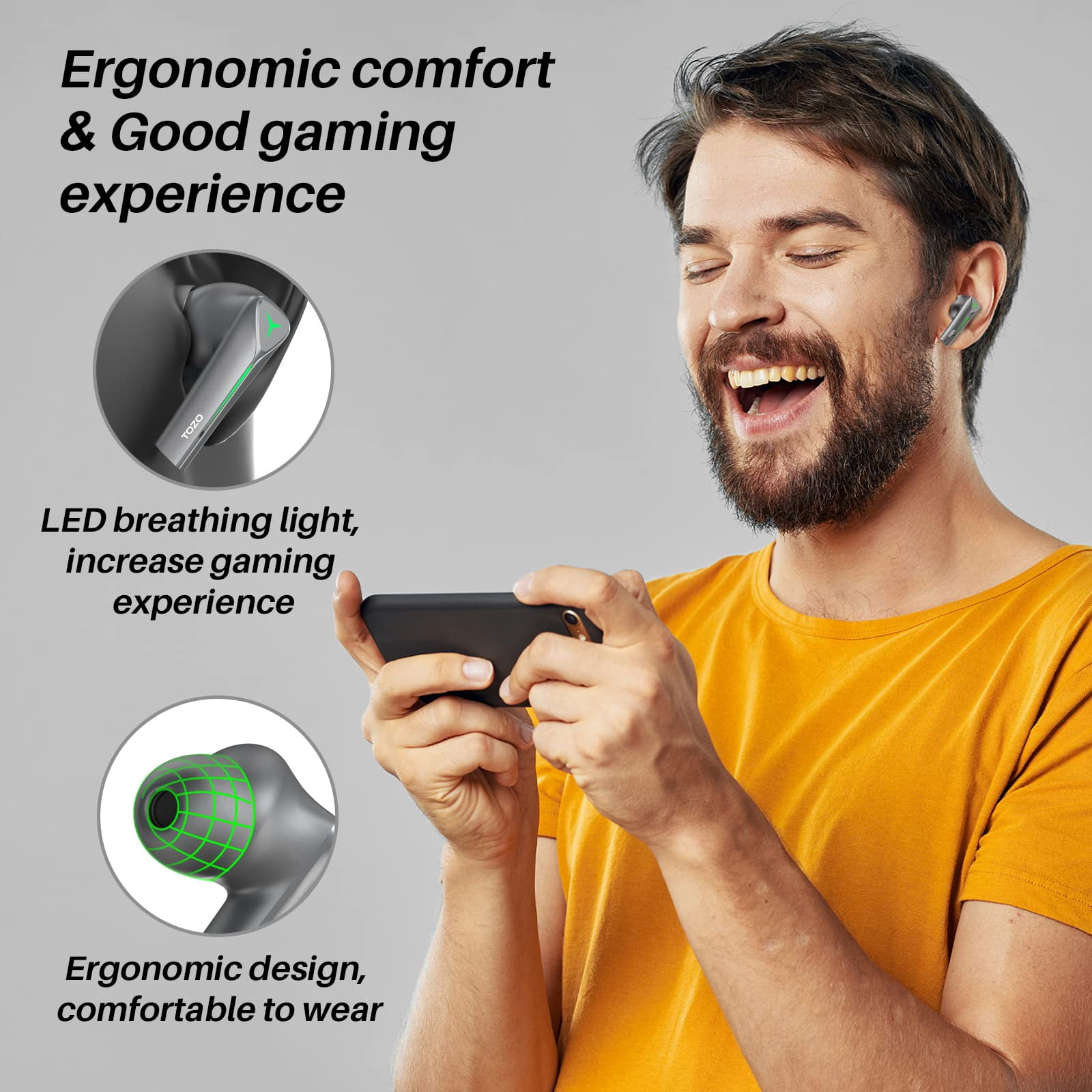 TOZO G1 Wireless Earbuds Bluetooth 5.3 Headphones with 45ms Ultra Low-Latency and Cool Breathing Light,Ergonomic Design,Gaming/Deep Bass Music Mode Headset Built-in Microphone,Stereo Sound,Space Gray