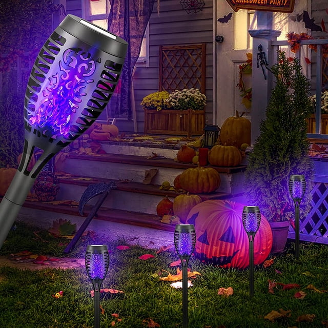 Paquete de 4 linternas solares con llama parpadeante, luces solares impermeables para exteriores, decoración de Halloween, antorchas solares, luces de camino de paisaje para decoración de Halloween (morado) ShuxiuWang 8390606645524